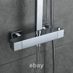 Bathroom Thermostatic Mixer Shower Bar Set Square Chrome Twin Head Exposed Valve