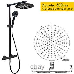 Bathroom Thermostatic Mixer Shower Set Round Black Twin Head Exposed Valve Bar