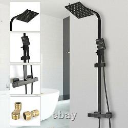 Bathroom Thermostatic Mixer Shower Set Square Black Twin Head Exposed Bar Kit