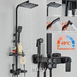 Bathroom Thermostatic Mixer Shower Taps Set Square Black Twin Head Exposed Valve
