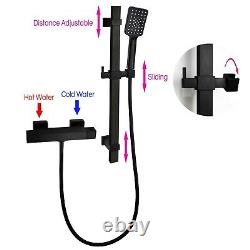 Black Thermostatic Bathroom Shower Mixer Tap Slider Handset Rail Kit Bar Square