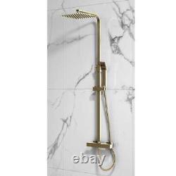 Brushed Brass Square Thermostatic Bar Mixer Shower Adjustable Riser Rail Hand