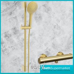 Brushed Brass Thermostatic Round Bar Mixer Shower Valve-Riser Rail-Head-Hose