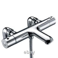 Chrome Thermostatic Bath Shower Mixer Tap & Round Dual Rigid Riser Shower Kit