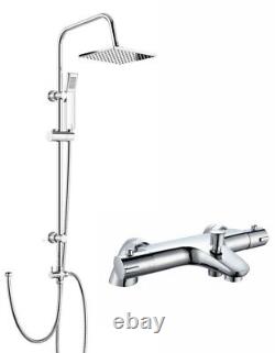 Chrome Thermostatic Bath Shower Mixer Tap With 3 Way Square Rigid Riser Rail Kit