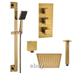 Concealed Brushed-Brass Mixer Shower SquareThermostatic 1- 2 Way Valve 200mm Wal