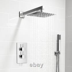 Concealed Thermostatic Shower Mixer Square Chrome Bathroom Twin Head Valve Set