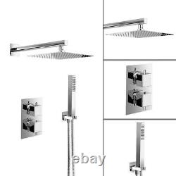 Concealed Thermostatic Shower Mixer Square Chrome Bathroom Twin Head Valve Set