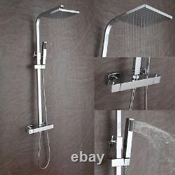 LARGE-Thermostatic Exposed Shower Mixer Bathroom Twin Head Square Bar Set Chrome
