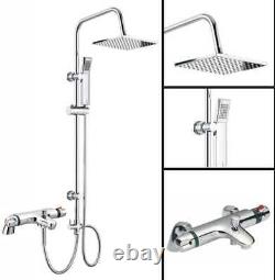 Modern Chrome Bath Shower Mixer Tap & 3 Way Square Rigid Riser Shower Rail Kit