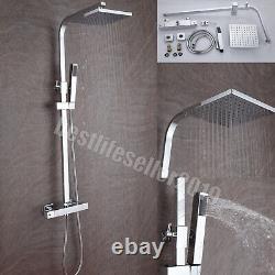 Square Rain Shower Mixer Thermostatic Exposed Bathroom Twin Head Bar Valve Set