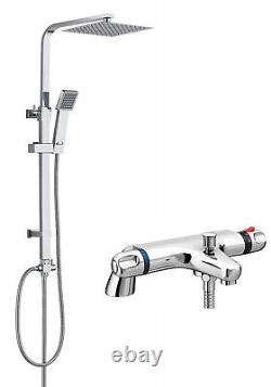 Thermostatic Bath Shower Mixer Tap With Square Modern 3 Way Rigid Riser Rail Kit