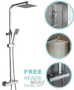 Thermostatic Exposed Shower Mixer Bathroom Twin Head Large Square Bar Set Chrome