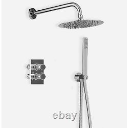 Thermostatic Shower Mixer Round Chrome Bathroom Concealed Twin Head Valve Set