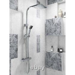 Ensemble de barre de douche thermostatique avec mitigeur exposé à tête jumelée carrée en chrome pour salle de bain.