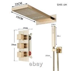 Ensemble de douche de salle de bain encastré thermostatique avec tête de pluie en cascade et robinet mélangeur doré.