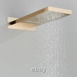 Ensemble de douche de salle de bain encastré thermostatique avec tête de pluie en cascade et robinet mélangeur doré.