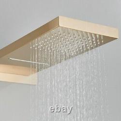 Ensemble de douche de salle de bain encastré thermostatique avec tête de pluie en cascade et robinet mélangeur doré.