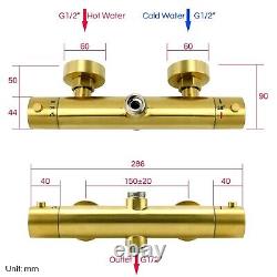 Ensemble de douche mélangeur thermostatique en or brossé avec deux têtes, barre de douche apparente et curseur ajustable 8-12