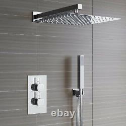 Ensemble de douche thermostatique avec mitigeur carré, tête double et valve dissimulée en chrome.