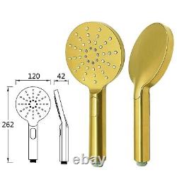 Ensemble de douche thermostatique avec mitigeur doré, double tête, barre de valve exposée et robinet de lavabo