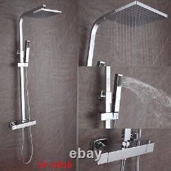 Ensemble de douche thermostatique avec mitigeur et double tête de douche, valve exposée, barre et pommeau de pluie pour salle de bains.