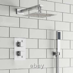 Ensemble de douche thermostatique avec mitigeur pour salle de bain, carré, noir, à double tête et valve encastrée.