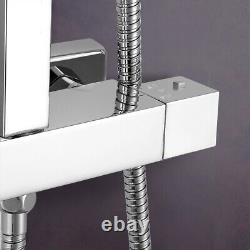 Ensemble de douche thermostatique exposé avec mitigeur carré, pommeau double et barre de fixation Turner