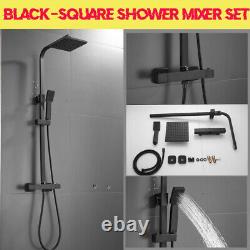 Mitigeur de douche exposé thermostatique avec ensemble de barre carrée de grande taille à deux têtes de douche - Noir.