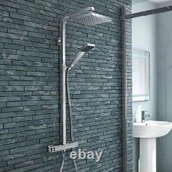 Mitigeur de douche exposé thermostatique pour salle de bain avec deux têtes de douche carrées de grande taille et ensemble de barre chromée