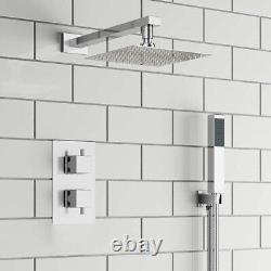 Mitigeur de douche thermostatique encastré pour salle de bain avec double tête de douche, set de barre carrée large en chrome.