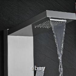 Panneau de douche thermostatique avec cascade, jets de massage et unité mélangeuse pour salle de bains.