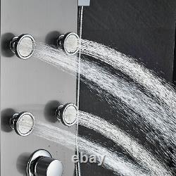 Panneau de douche thermostatique avec cascade, jets de massage et unité mélangeuse pour salle de bains.