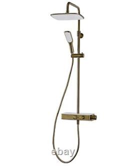 Robinet thermostatique de douche à barre Triton avec bouton poussoir en laiton brossé et pomme de douche sur rail de montée
